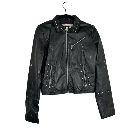Wilson Leather Rocks Led Zeppelin Studded Biker Jacket M Distressed Punk Moto - Picture 1 of 16